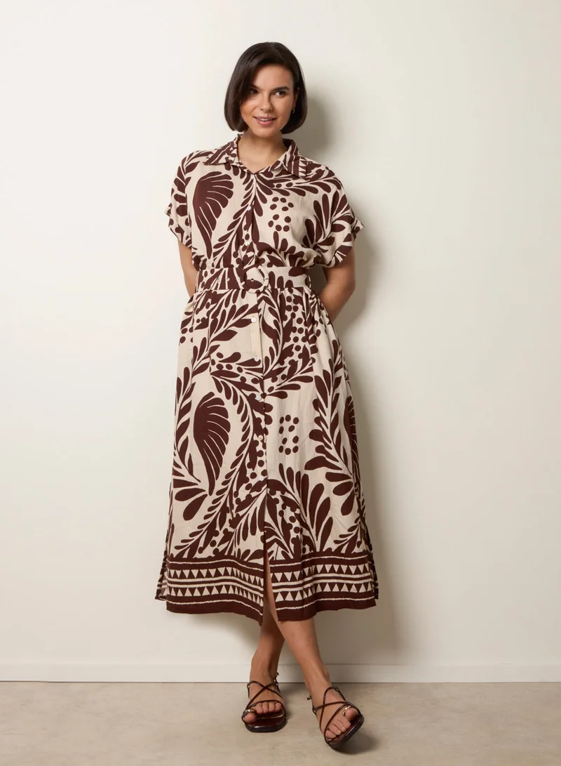 بلو فانيلا Tropical Leaf Print Belted Shirt Dress